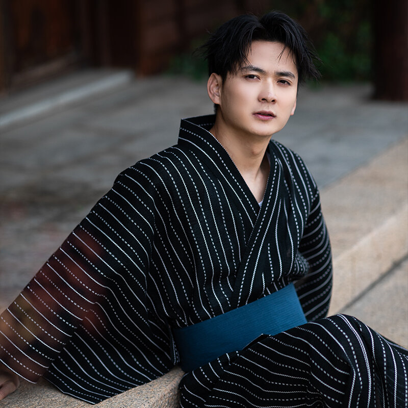 Традиционное японское кимоно, модная юката, летние мужские длинные халаты с поясом, 95% хлопок, пижамный комплект, Мужская одежда для сна, Халат