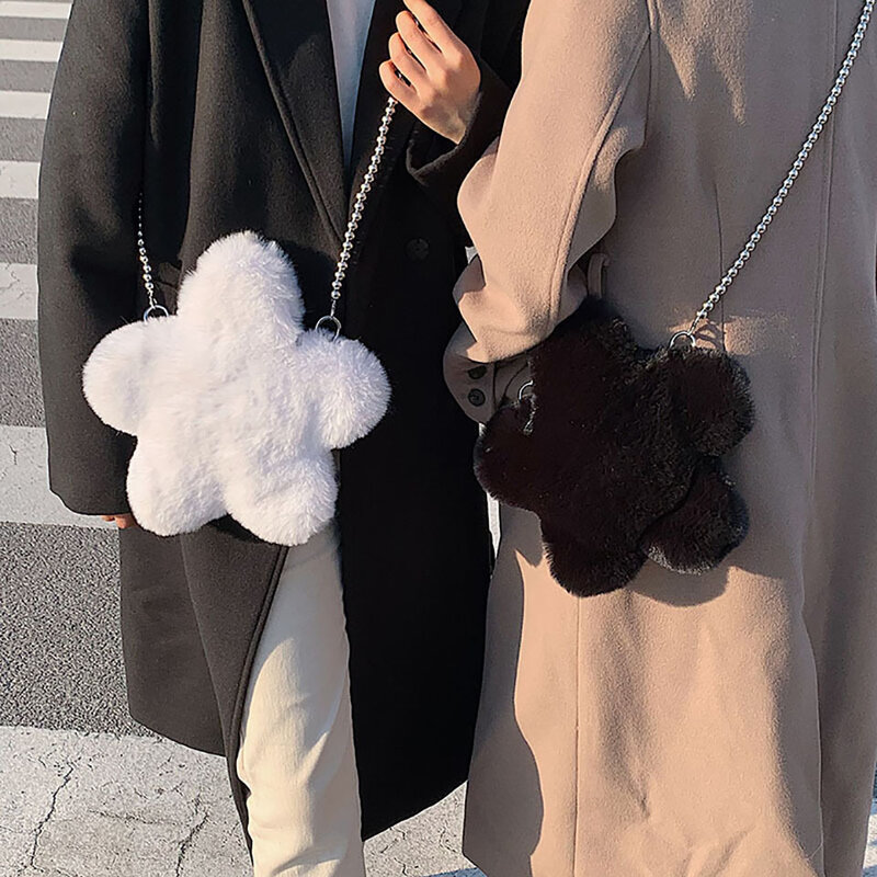 2021 Winter Faux Fur Star Shape Women Bag Ins Fashion Plush Chain Shoulder Messenger Bags Black White Phone Coin Purse Bolsos