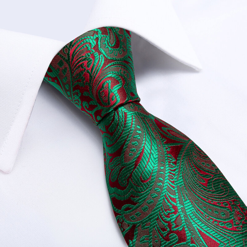 100% Silk Jacquard Woven Green Red Paisely Floral Men Tie Luxury 8cm Business Wedding Party Necktie Set Hanky Tie Ring DiBanGu