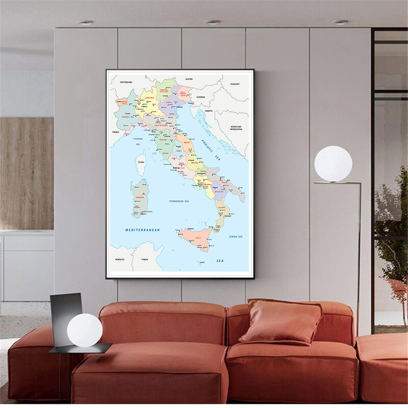 이탈리아 정치지도 100x150 cm, 대형 벽 포스터, 부직포 캔버스, 회화, 교실, 홈 데코, 학용품