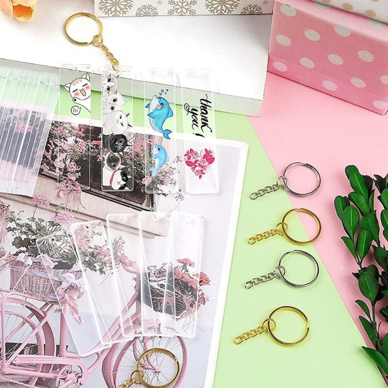 50Pcs/Set Acrylic Keychain Blanks with Rings Clear Key Chains Rectangle Acrylic Blanks for DIY Crafting Jewelry Hanging Pendant
