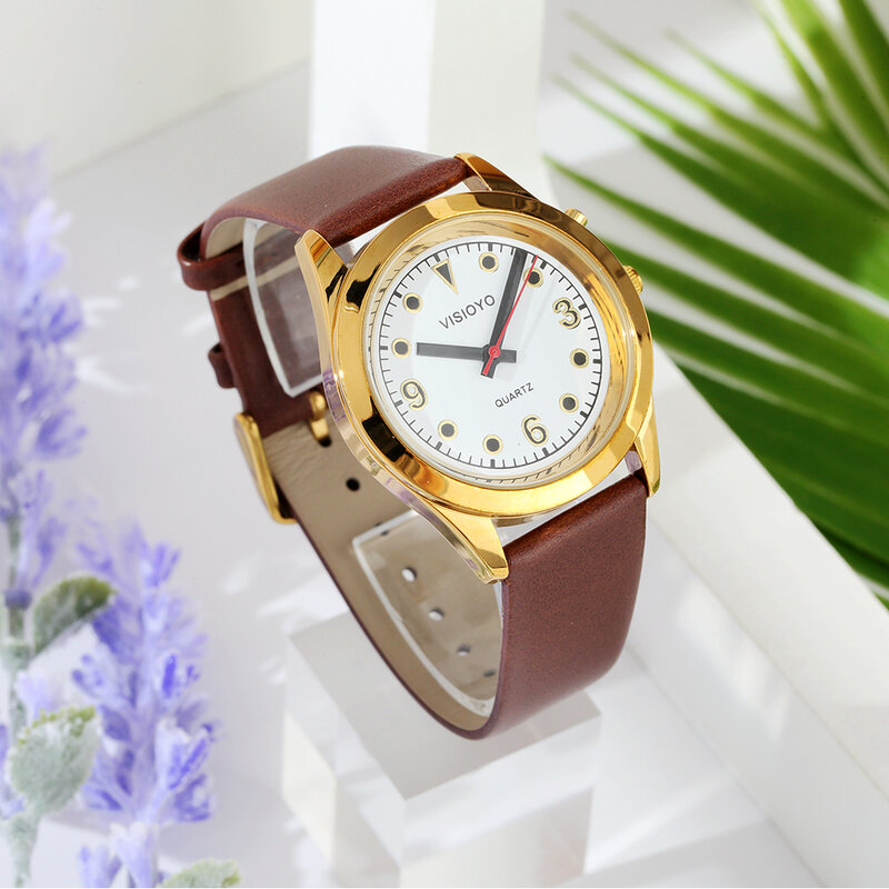 Relógio de voz francês com função de alarme, data e tempo de chamada, mostrador branco, cinto marrom, etiqueta de estojo dourado-202
