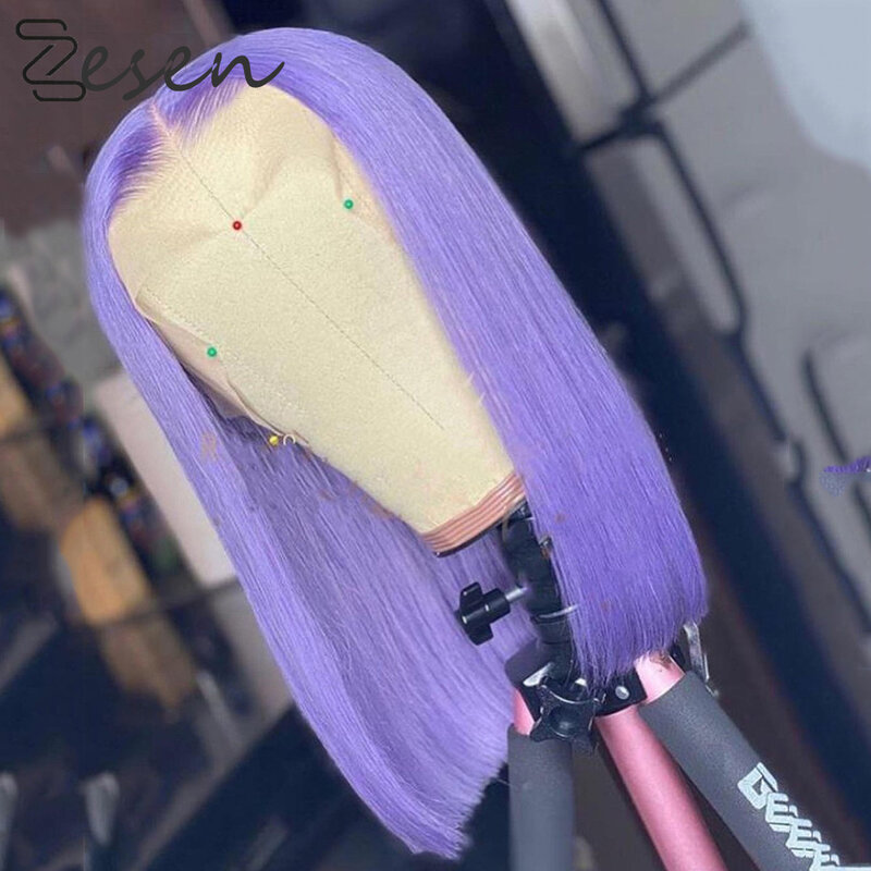 Perruque Lace Front wig synthétique lisse, coupe courte, violet, 12-16 pouces, perruque avec raie au milieu, en Fiber thermique, 180% de densité, pour femmes noires