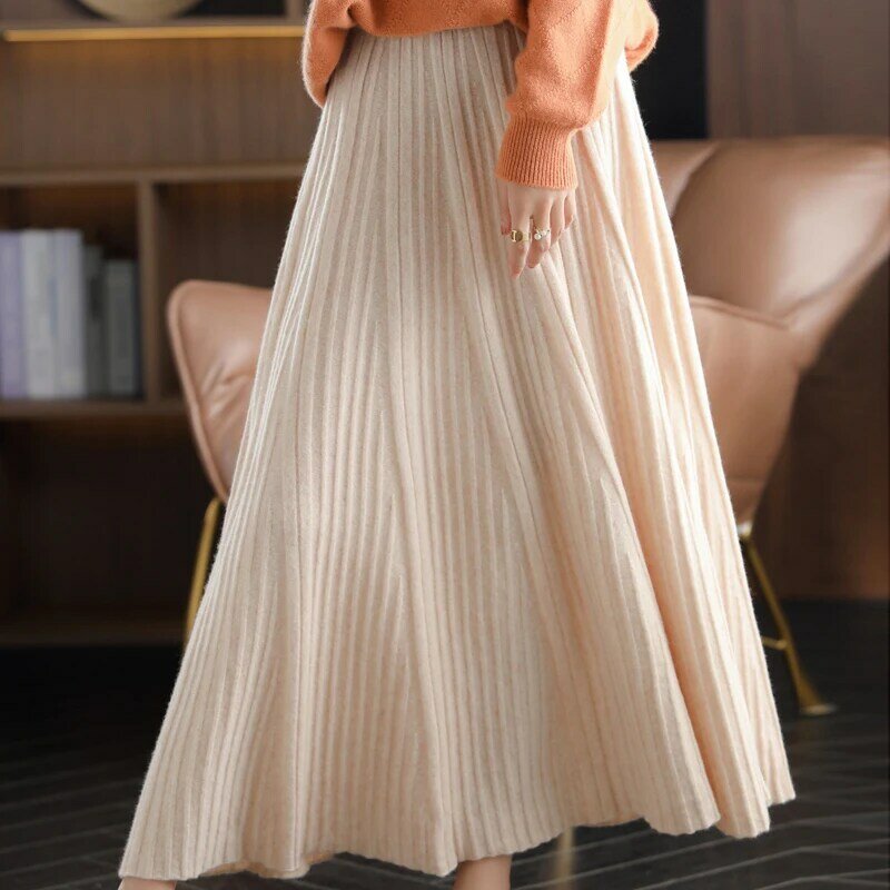 2021New Pure Cashmere A-Line spódnica kobiety jesień dzianiny długie plisowane spódnica 100% wełna duży rozmiar wysokiej talii koreańska torba Hip baza spódnica