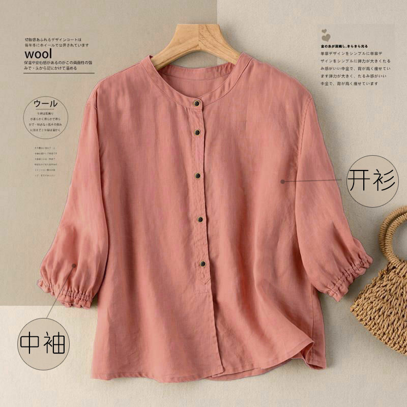 Pure Cotton Blouses Office Half-sleeve Button Up Retro Shirt Women Summer Solid Color Loose Shirts Casual Lady Top Blusas Mujer