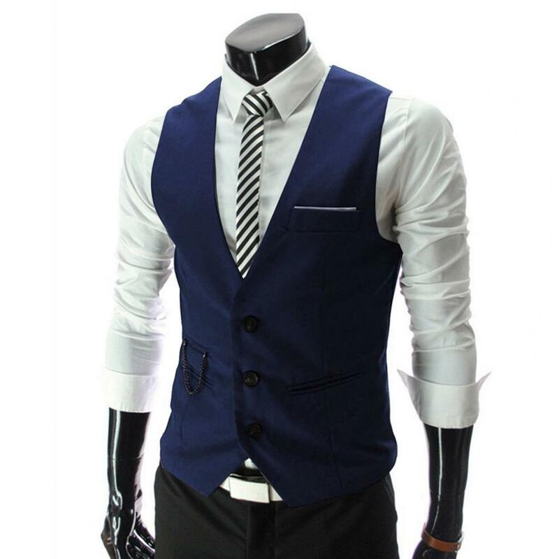 Sleeveless Pockets Simple Suit Vest Solid Color Men Formal Business Vest Workwear