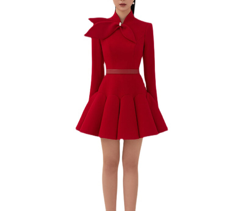 Gaun Wol Merah Terang Toko Penjahit Gaun Mewah Ringan Wanita Ramping Retro Gaun Semi-formal