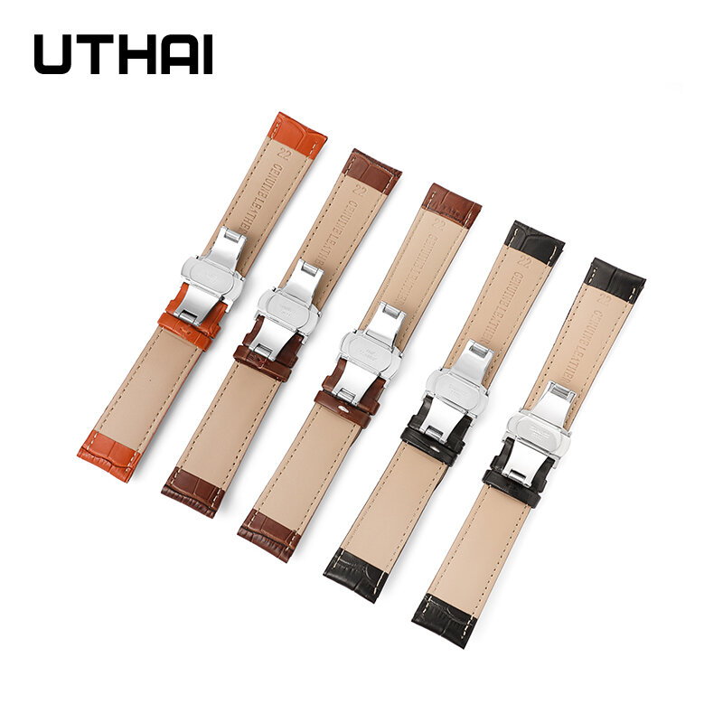 UTHAI Z09 Watchbands 12-24mm Universal Watch Butterfly Buckle Band Steel Buckle Strap 20mm 22mm cowhide watch band