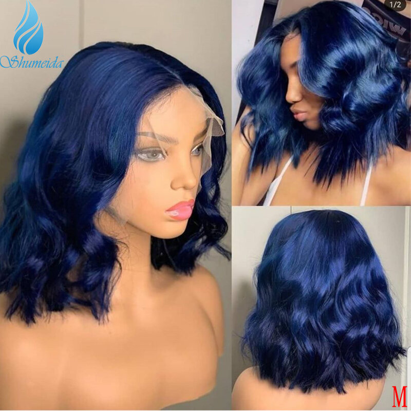 Shumeida Blauwe Kleur 13*4 Lace Front Pruiken Body Wave Brazilian Remy Menselijk Haar Korte Bob Pruik Met Baby Haar