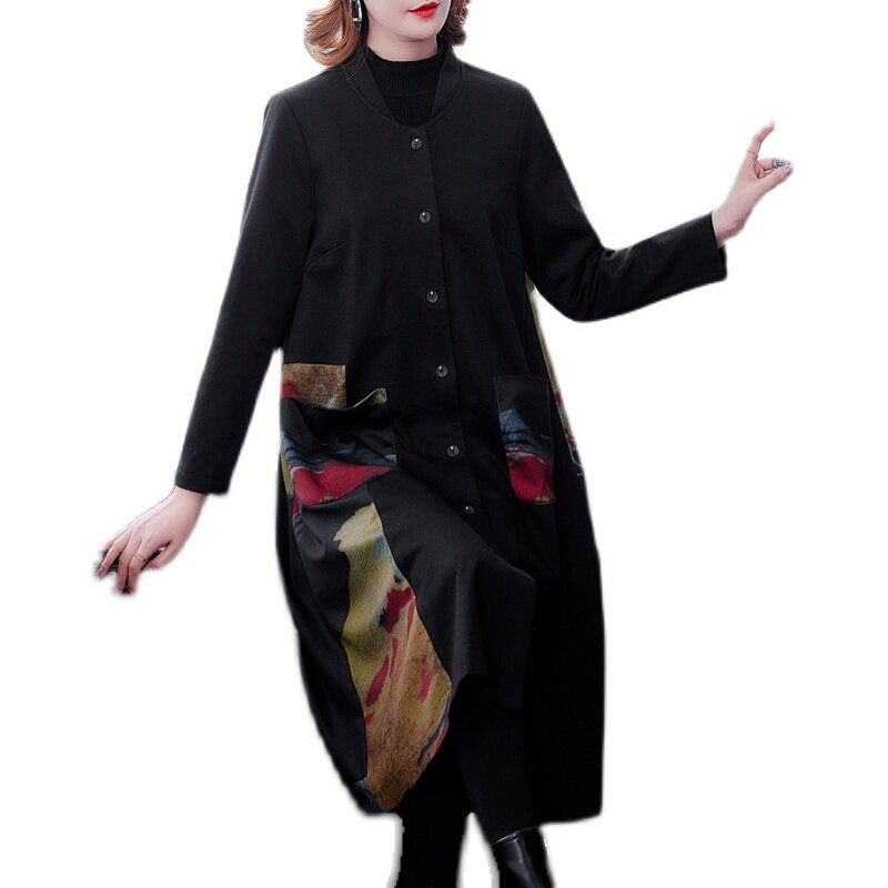 Женское длинное пальто, элегантное облегающее черное пальто с отложным воротником, Осень-зима 2021