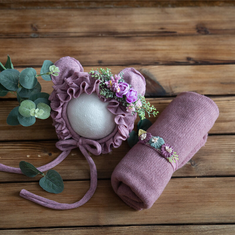 Stretch Knitted Mohair Wrap para bebê recém-nascido, Bonnet Vintage e Hairband Set, Fotografia Props, tecido em camadas, Photo Shoot