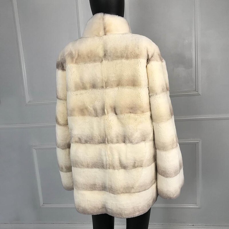 Abrigo de piel de conejo Rex con cuello de pie para mujer, cálido, genuino, de lujo, novedad de invierno, 2024