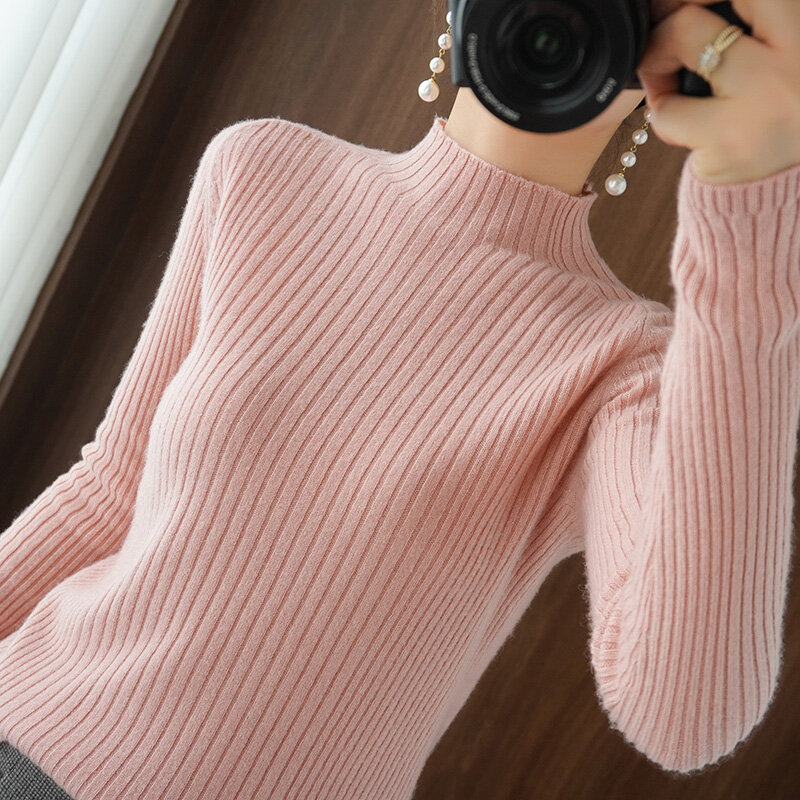 2021 jesienno-zimowa japońska w nowym stylu sweter z półgolfem kobiet gruba długa koszula damska wewnętrzna kurtka wąska z dzianiny sweter