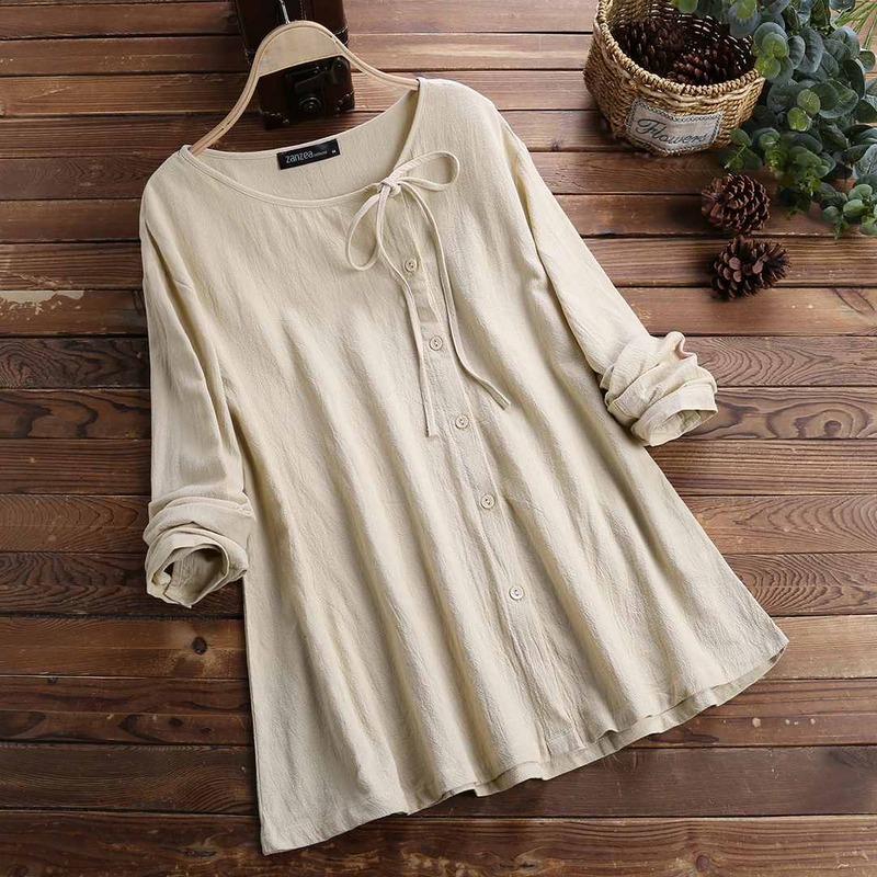 ZANZEA-Blusa informal de lino y algodón para mujer, camisa de manga larga con botones, color liso, Estilo Vintage