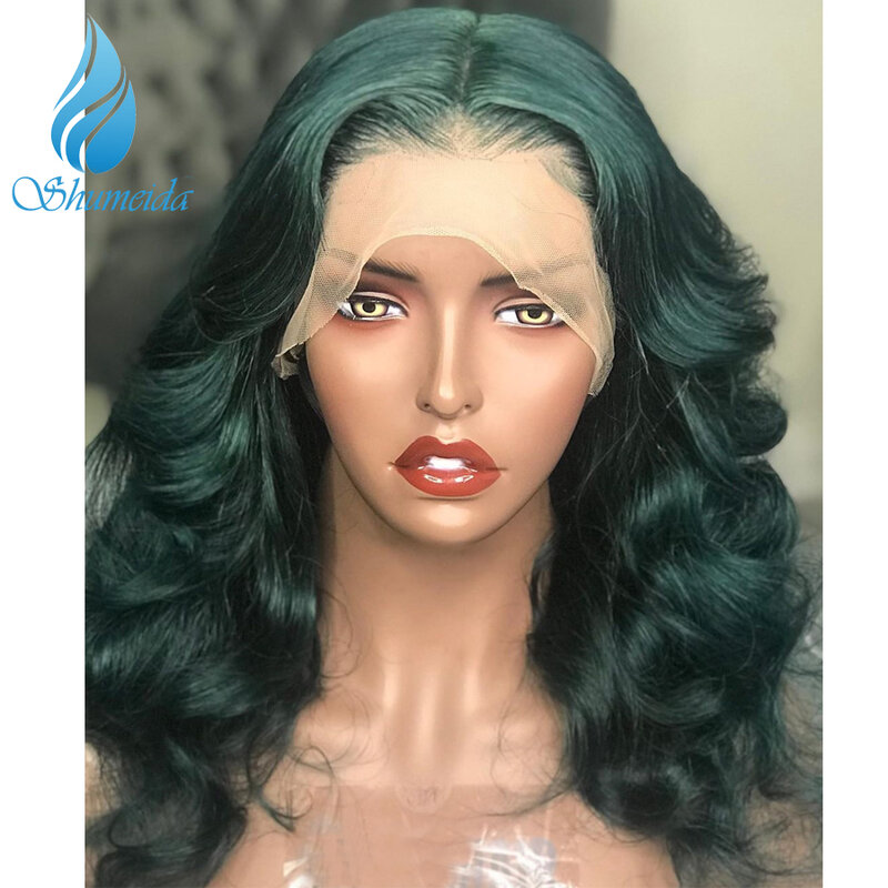 Zielony kolor koronki przodu peruki z dziecięcymi włosami luźna głęboka fala brazylijski Remy ludzki włos peruki wstępnie oskubane Hairline 13*6 Frontal peruka