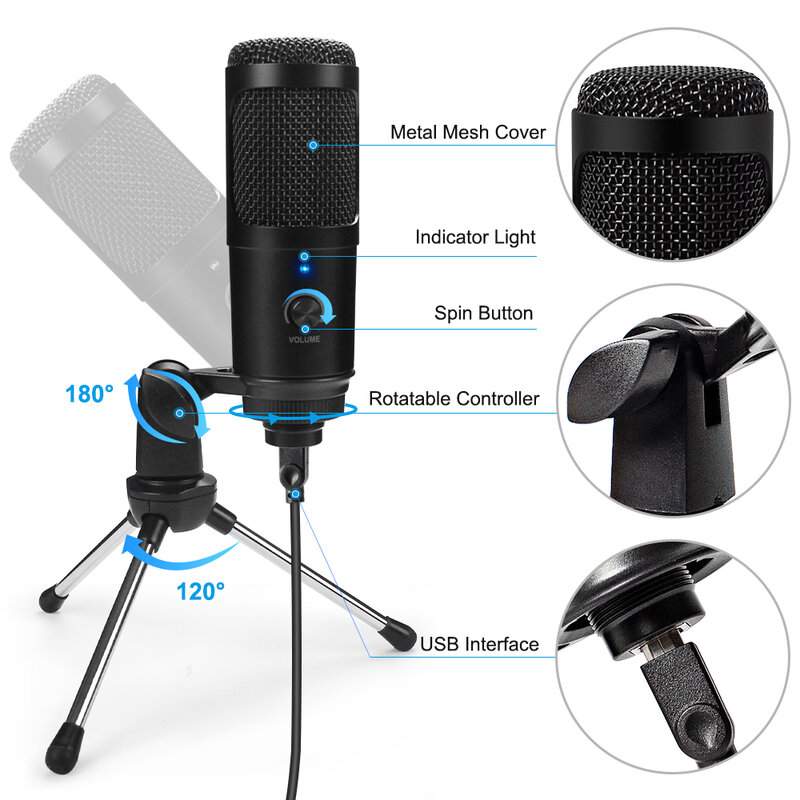 Металлический микрофон USB, конденсаторный микрофон для записи D80, микрофон с подставкой для компьютера, ноутбука, ПК, караоке, студийной записи