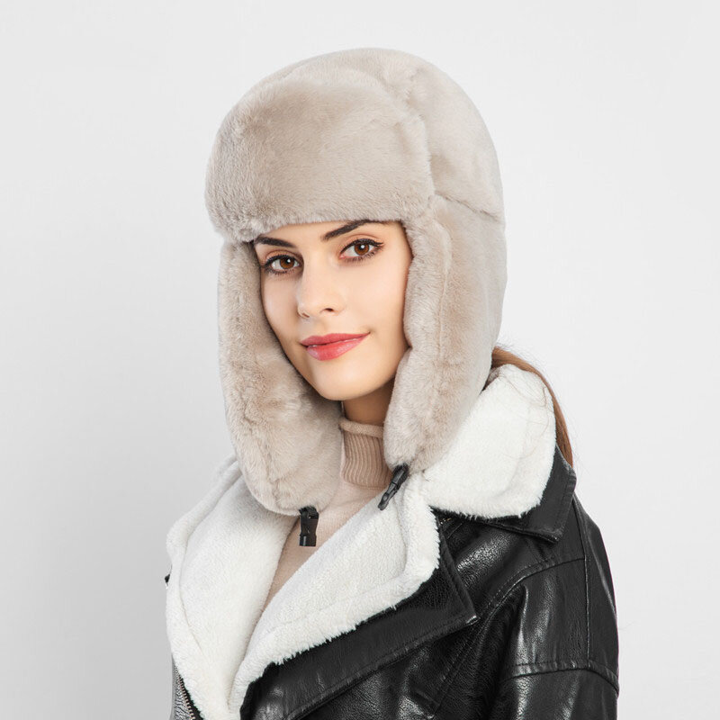 รัสเซียผู้หญิงฤดูหนาว Warm เครื่องบินทิ้งระเบิด Faux Fur หมวก Solid สกีหมวกสุภาพสตรีกลางแจ้งหมวก Felmale นุ่ม Ushanka หมวกกับหู