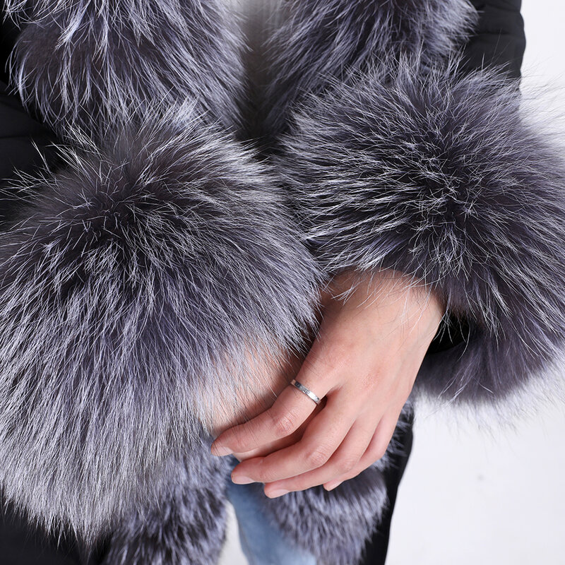 Maomaokong novo inverno pele de coelho natural real forro de pele de raposa de prata gola de pele quente casaco parka preto longo casaco