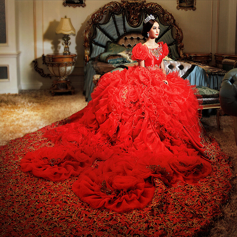 Lusso Royal Crystal strass Red Princess gravidanza Puffy 3D fiore abito premaman elegante abito da sera sposa per incinta