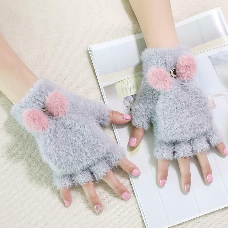 Новые модные женские зимние милые бархатные перчатки с откидной крышкой и кроличьими ушками плотные вязаные перчатки с пальцами для езды на открытом воздухе и сенсорных экранов
