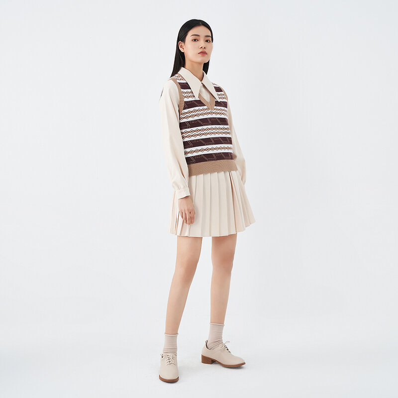 INMAN 여성용 드레스 봄 가을 빈티지 Sweet Pointed Lapel Pleated Hem With Knitted Vest Two-Piece