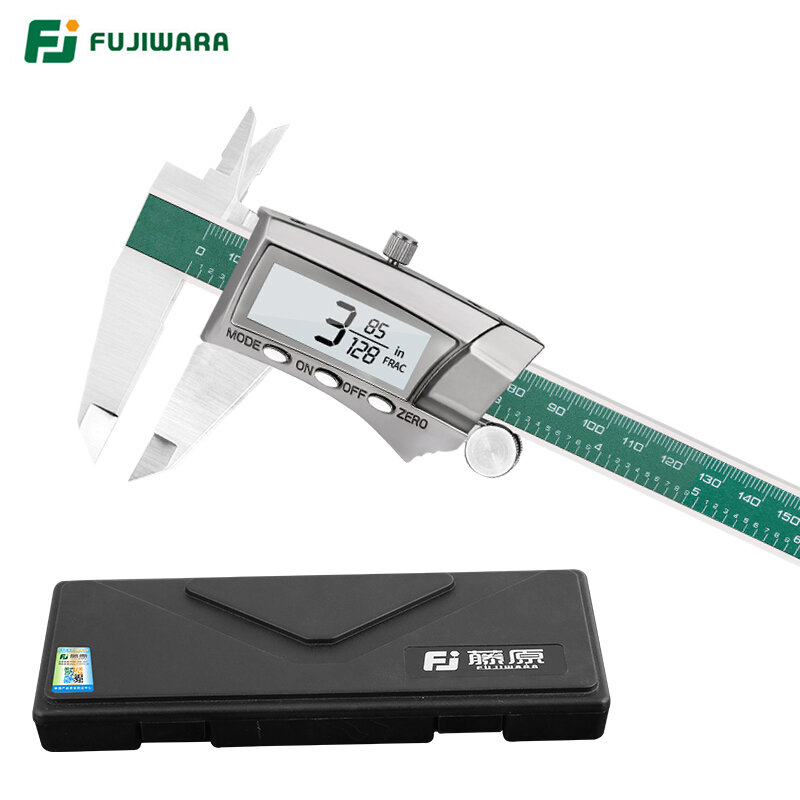 FUJIWARA شاشة ديجيتال الفولاذ المقاوم للصدأ الفرجار 0-150 مللي متر 1/64 جزء/ملليمتر/بوصة LCD الإلكترونية الورنية الفرجار IP54 مقاوم للماء
