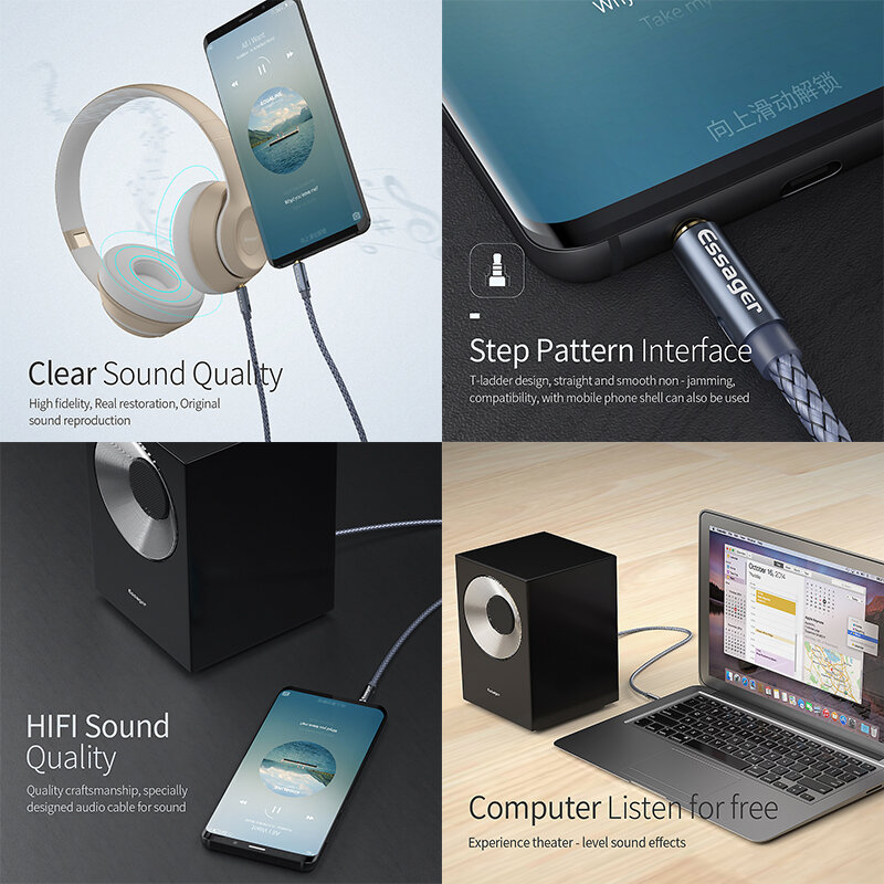 Essager-macho para macho Aux cabo, cabo de áudio, linha de alto-falantes, cabo para Samsung, Xiaomi, MP3, fone de ouvido, carro, 3,5mm