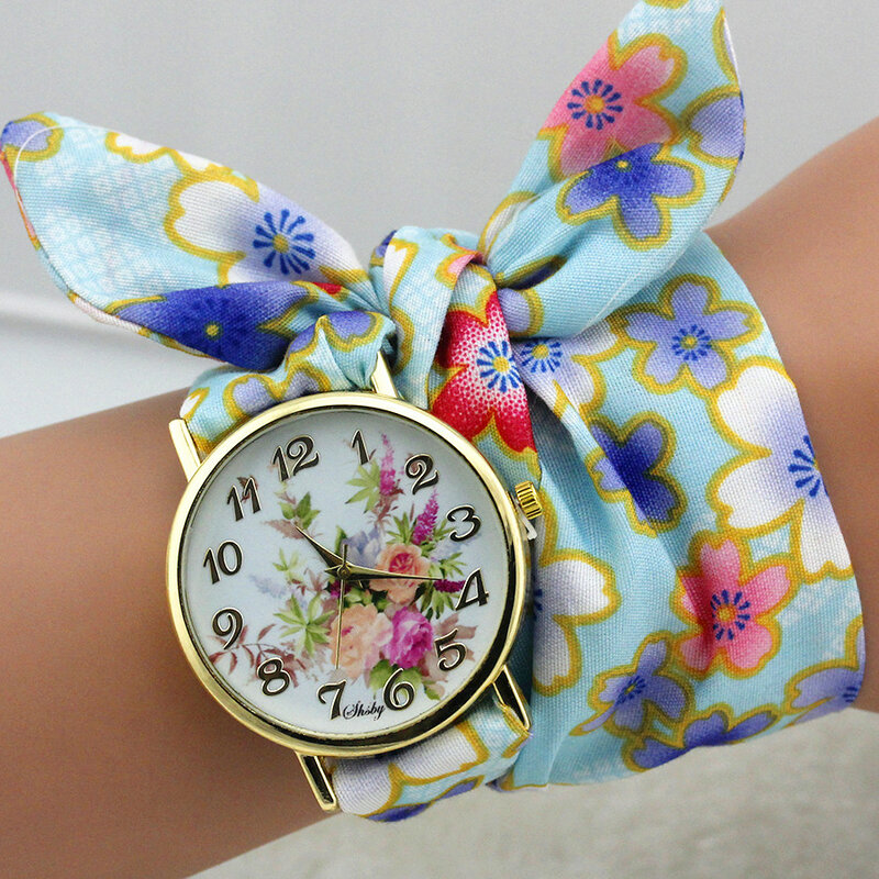 Shsby Design panie kwiat tkaniny Wrist Watch złota modna damska sukienka zegarki wysokiej jakości tkanina zegar słodki zegarek dziewczęcy