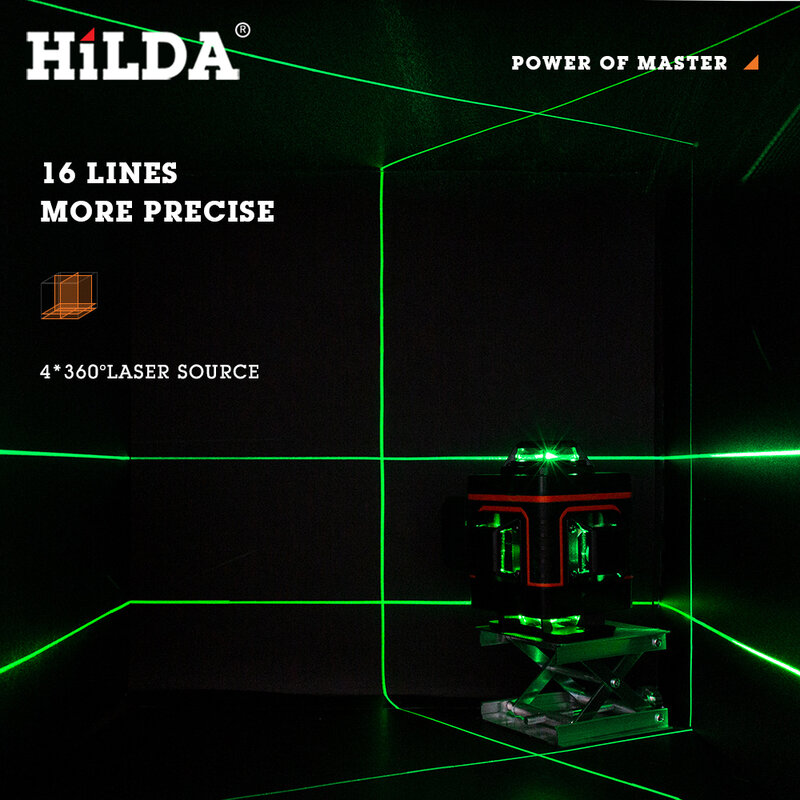 HILDA-Nivel láser de 12/16 líneas, 3/4D, autonivelante, 360, Cruz Horizontal y Vertical, nivel láser verde superpotente