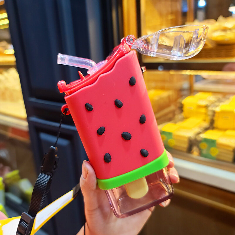 Heißer Sommer Nette Donut Eis Wasser Flasche Mit Stroh Kreative Quadratische Wassermelone Tasse Tragbare Dicht Tritan Flasche BPA FREI