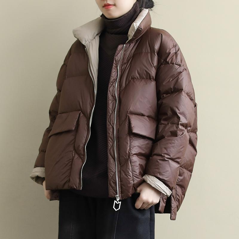 Chaqueta de plumón de pato para mujer, abrigo cálido de manga larga con bolsillo y cuello levantado, color blanco, moda de invierno, novedad de 2021