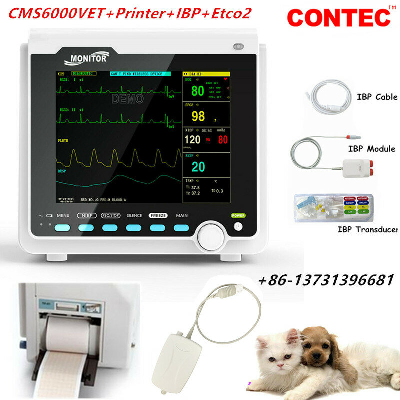 CONTEC Capnograph Etco2 Monitor de pacientes de signos vitales veterinario, multiparámetros con impresora térmica, IBP incluido