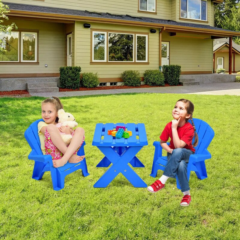 Costway 3 pçs crianças conjunto cadeira de mesa jogo mobiliário interior ao ar livre azul hw66278bl