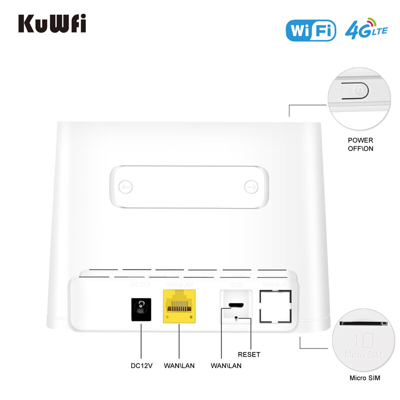 KuWFi Router Wifi 4G tidak terkunci, dengan Slot kartu Sim 150Mbps Lte Router nirkabel portabel saku wifi Hotspot tampilan pintar