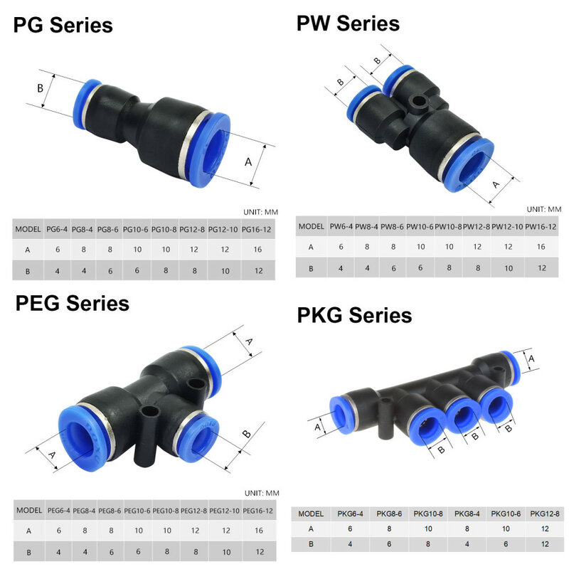 Pneumatic Fittings Pipe Connector Tube 4 5 14mm OD Hose Reducing 8 10 12mm PG PVG PEG PW PZAG  Plastic Push In Air Quick Fitting