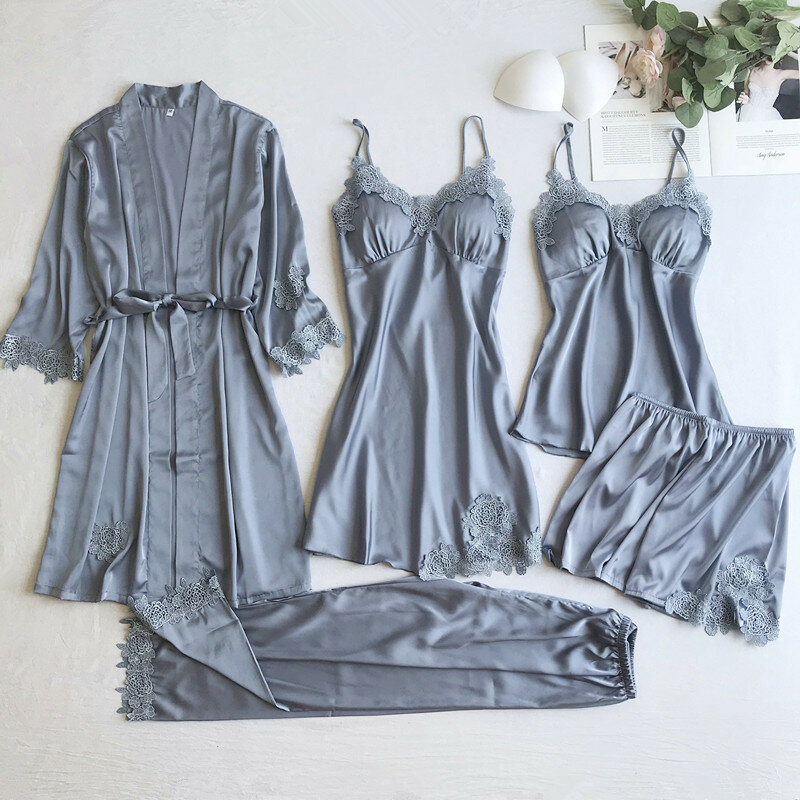 Sexy Women Lace Home Wear Sleep Set Casual Satin Gray Sleepwear Home Clothing  Silky Solid Suit Nightgown Sleepwear
