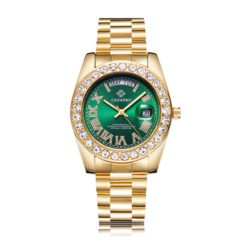 Big Diamonds złoty zegarek mężczyźni ze stali nierdzewnej dzień data zegarek męski prezydent relogio masculino moda damska zegarki kwarcowe