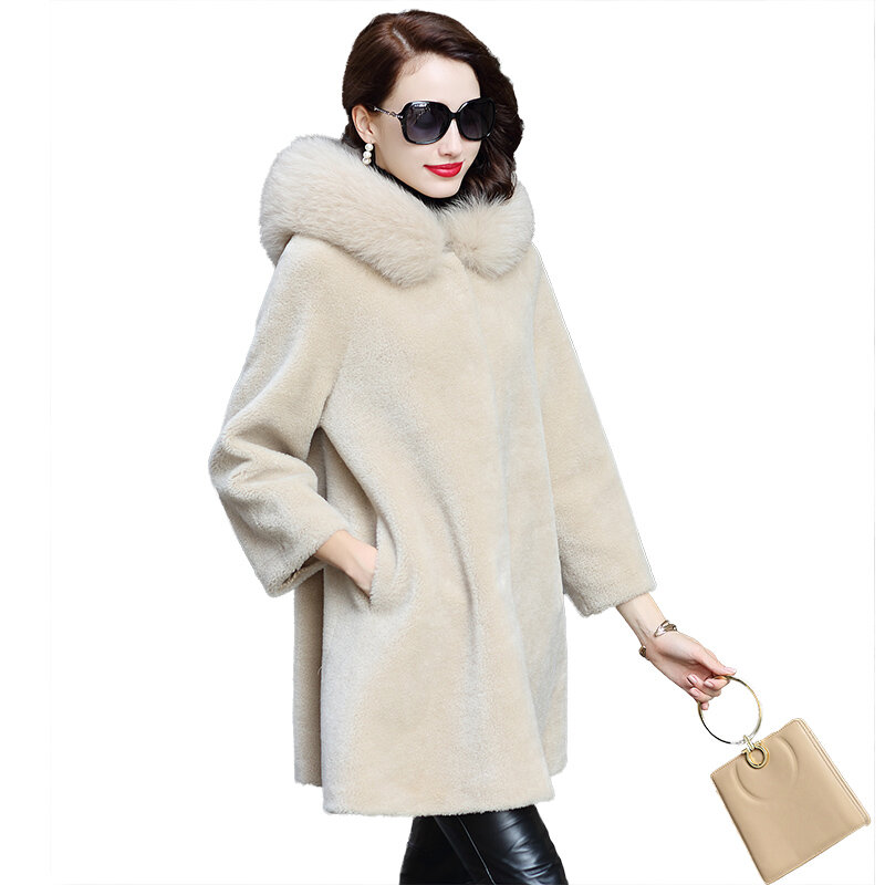 Manteau de mouton à capuche en vraie fourrure naturelle pour femme, veste en 100% laine naturelle, Parka chaude et longue, LWL1374
