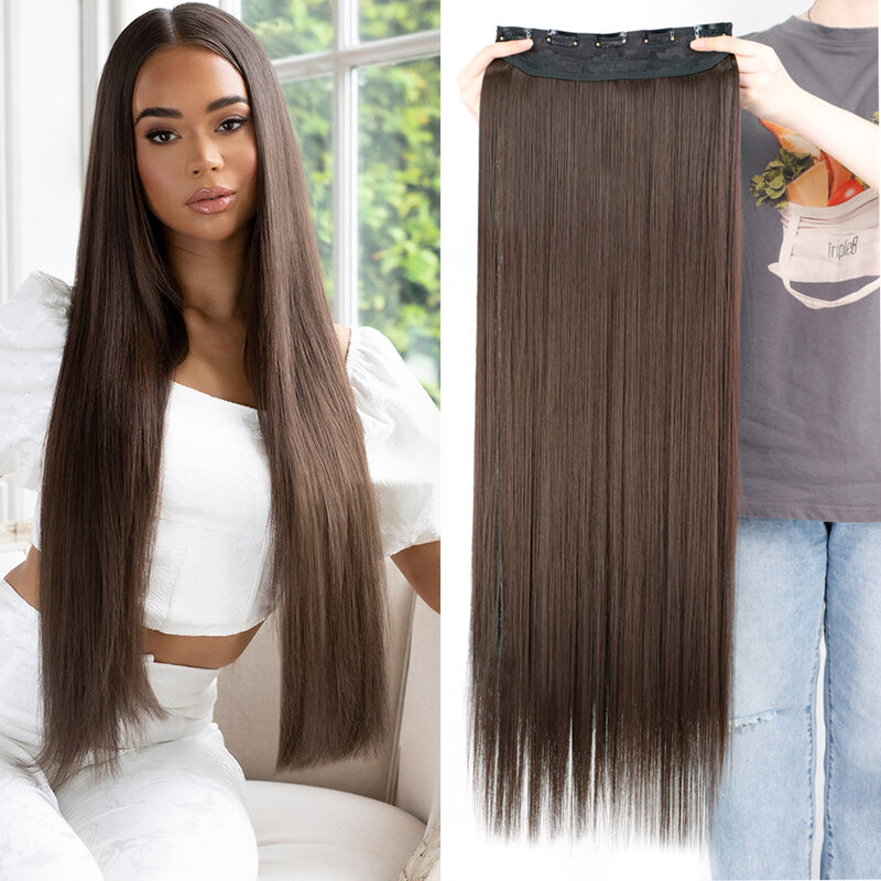 Synthetic Long Straight Hairstyles 5 Clip In Hair Extension 22Inch/32Inch Heat Resistant Hairpieces Brown Black