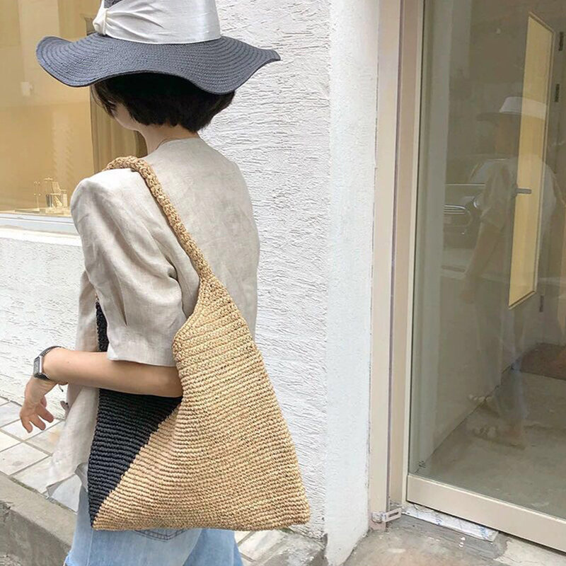 Casual Large Capacity Tote Raffia Bags Hand-Woven Straw Bag Patchwork Women Shoulder Bags Summer Beach Handbags Big Purses 2024