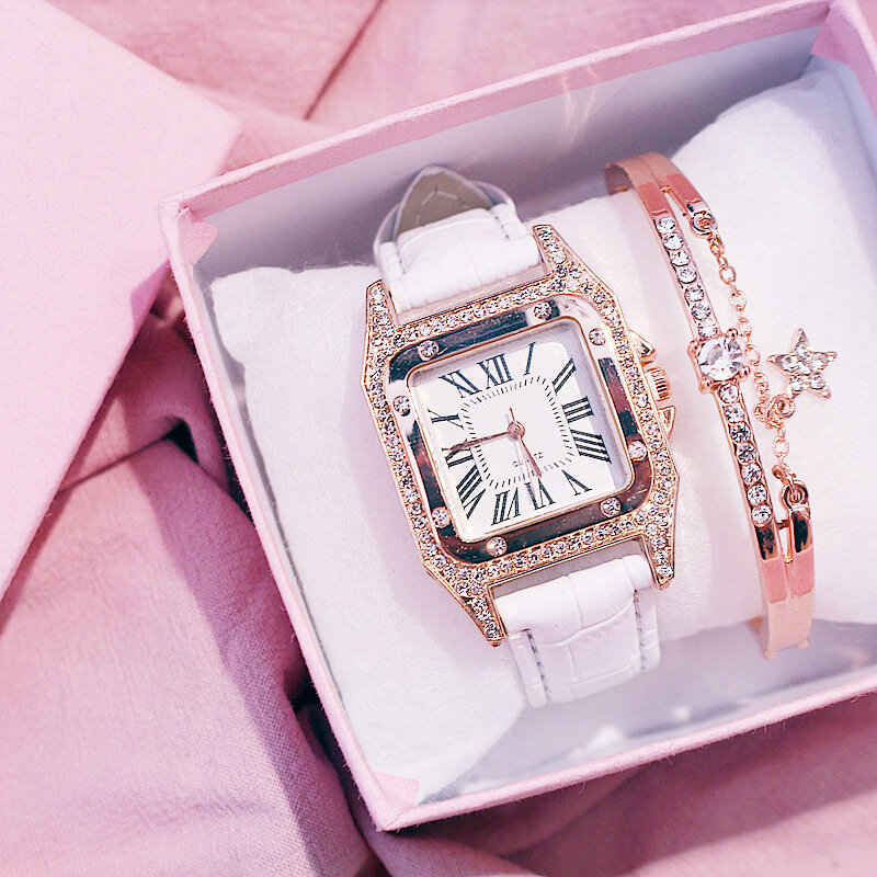 Diamond Starry Watch Set para mulheres, mostrador quadrado, pulseira de couro, relógio de pulso de quartzo, relógio feminino, pulseira