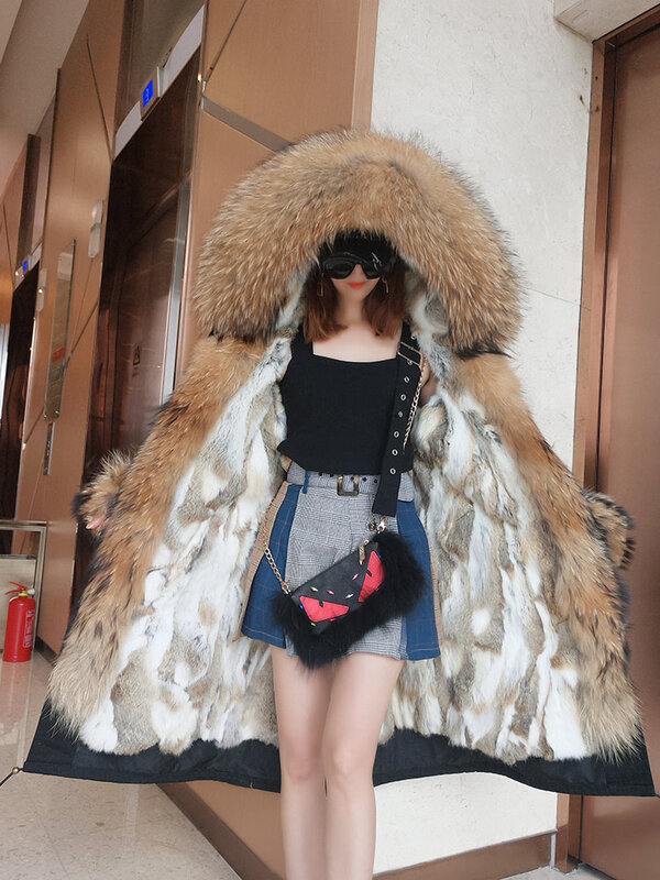Maomaokong – manteau en cuir très Long pour femme, Parka avec capuche détachable en fourrure naturelle de lapin, vêtement chaud de luxe, nouveauté 2021