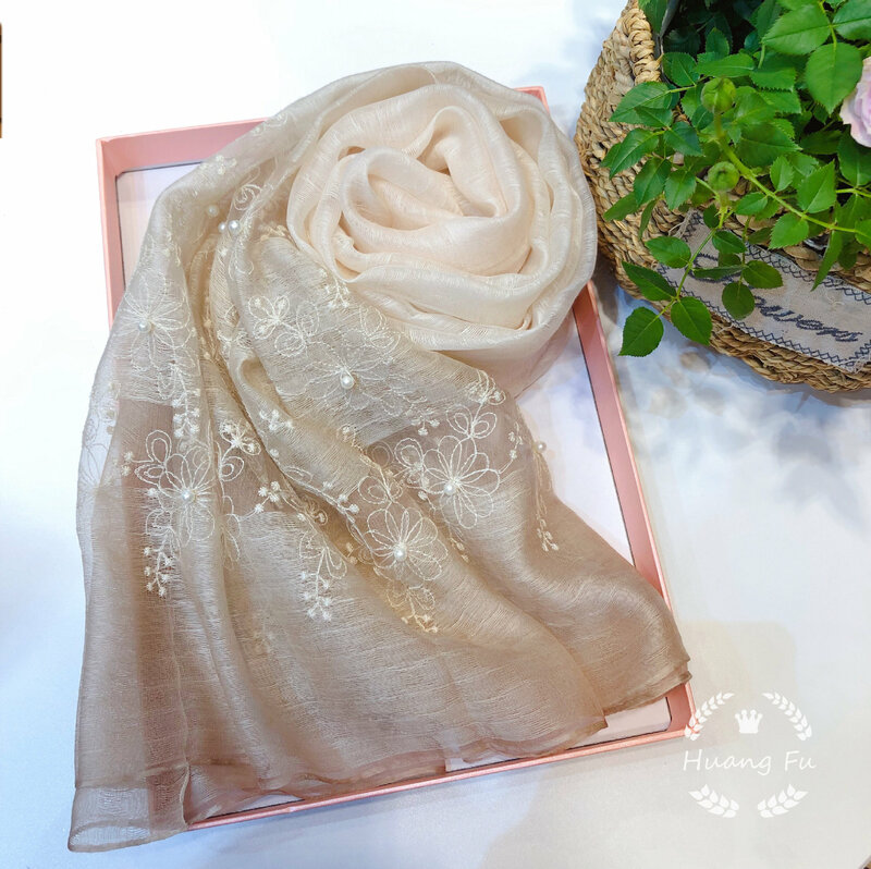 KMS-bufanda de seda con bordado degradado para mujeres, chal para el sol de 175CM, hecho a mano, perlas de uñas, primavera y otoño