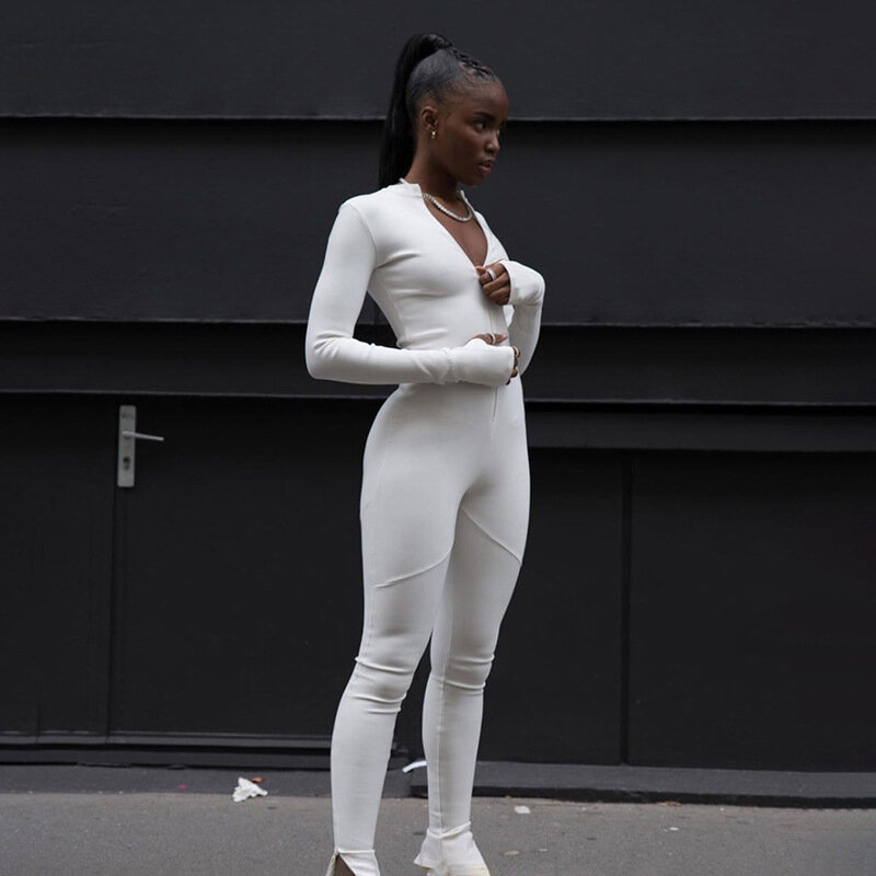 새로운 단색 검정/흰색 Bodycon 점프 슈트 여성 스포티 한 Rompers 2020 봄 여름 피트니스 긴 소매 지퍼 탄성 Bodysuit