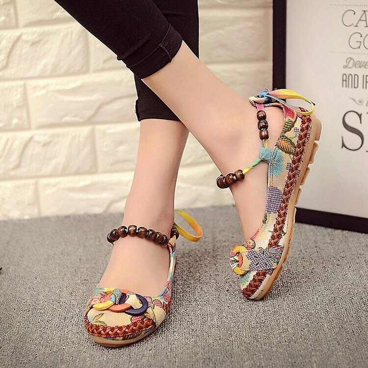 2019 Plus size42 Casual Flat Shoes Women Flats Handmade Beaded Ankle Straps Loafers Zapatos Mujer Retro Ethnic Embroidered Shoes