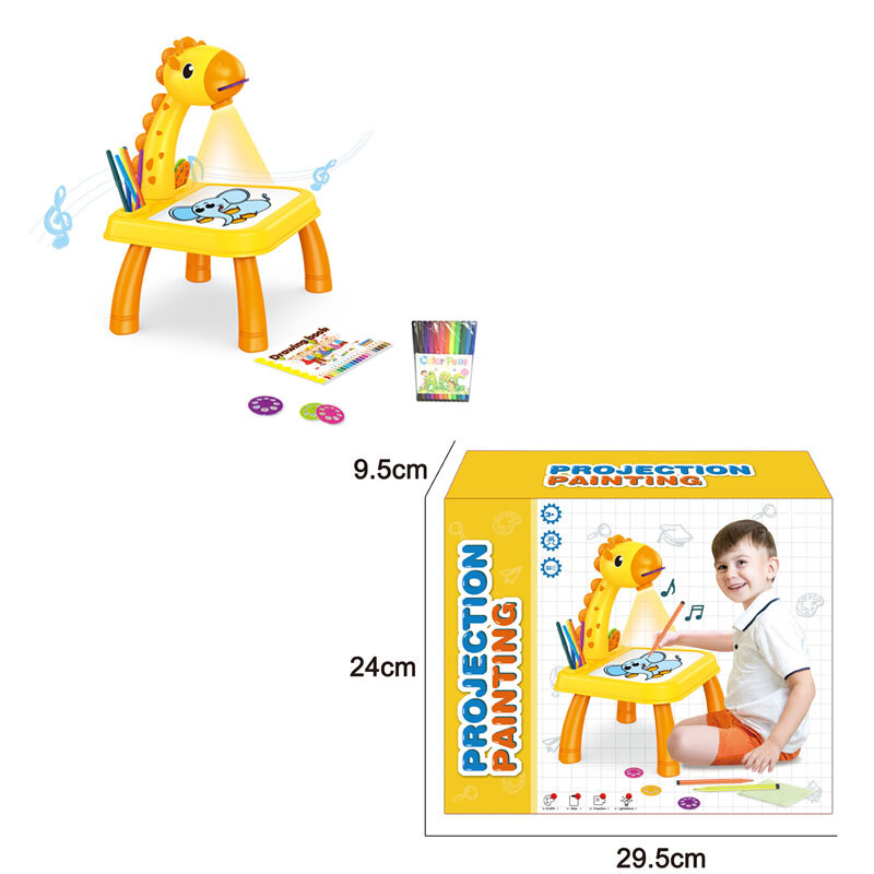 Tabela inteligente amarela da pintura da projeção do girafa do brinquedo do estudo das crianças com música