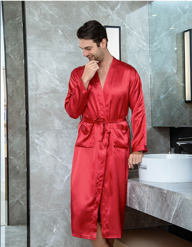 Pijamas de seda para hombre, bata de baño informal con cuello en V, Kimono, Yukata, color negro