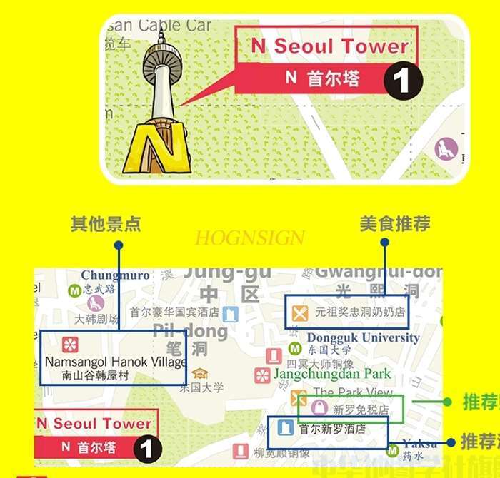 Seoul Peta perjalanan-tujuan wisata Cina dan Inggris transportasi belanja makanan informasi praktis