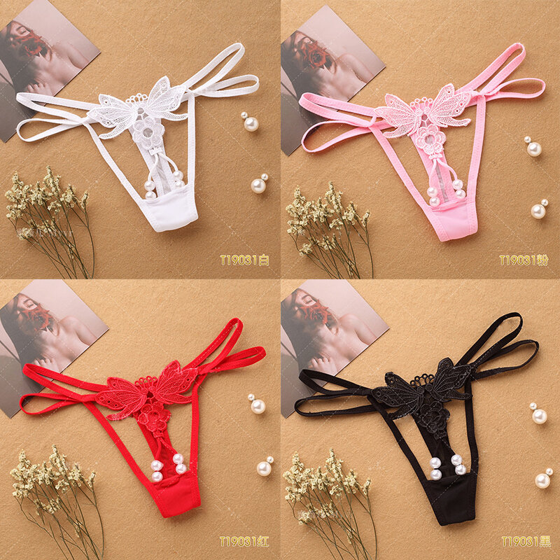JSY Women Lace Open Crotch Panties White Straps Crotchless Brief Thong With Bow Tie Female Free Size Sexy T-back For Sex