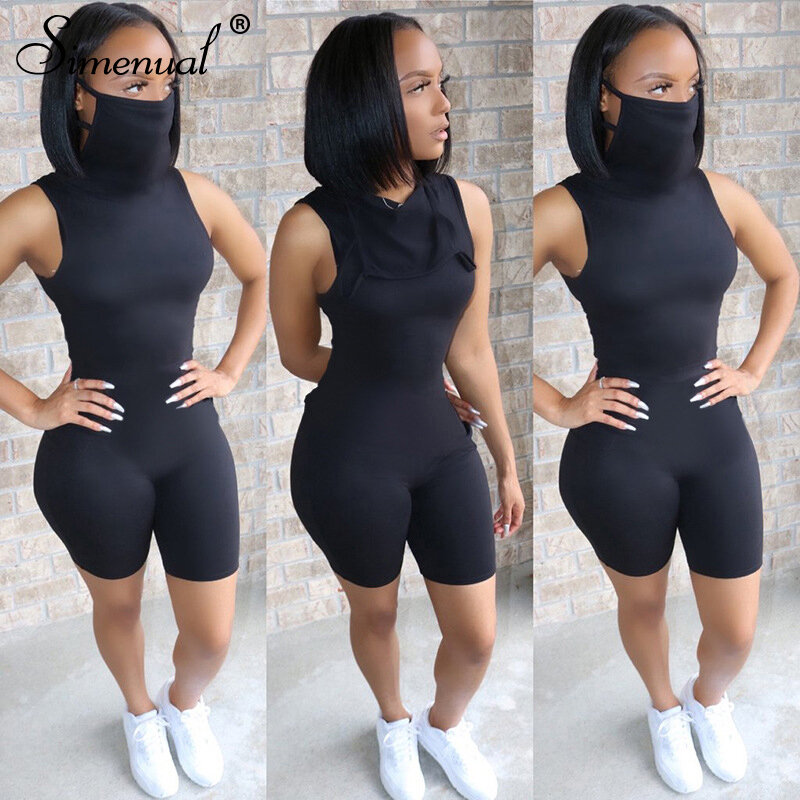 Simenual Fitness Sporty Casual Bodycon Rompers with Mask Women Sleeveless Active Wear Workout Biker Shorts Playsuit Fashion Slim